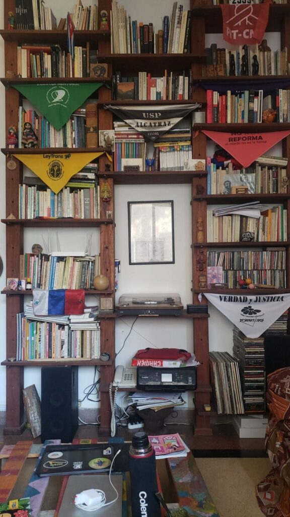 Foto de uma prateleira dentro do airbnb, com livros e bandeiras.