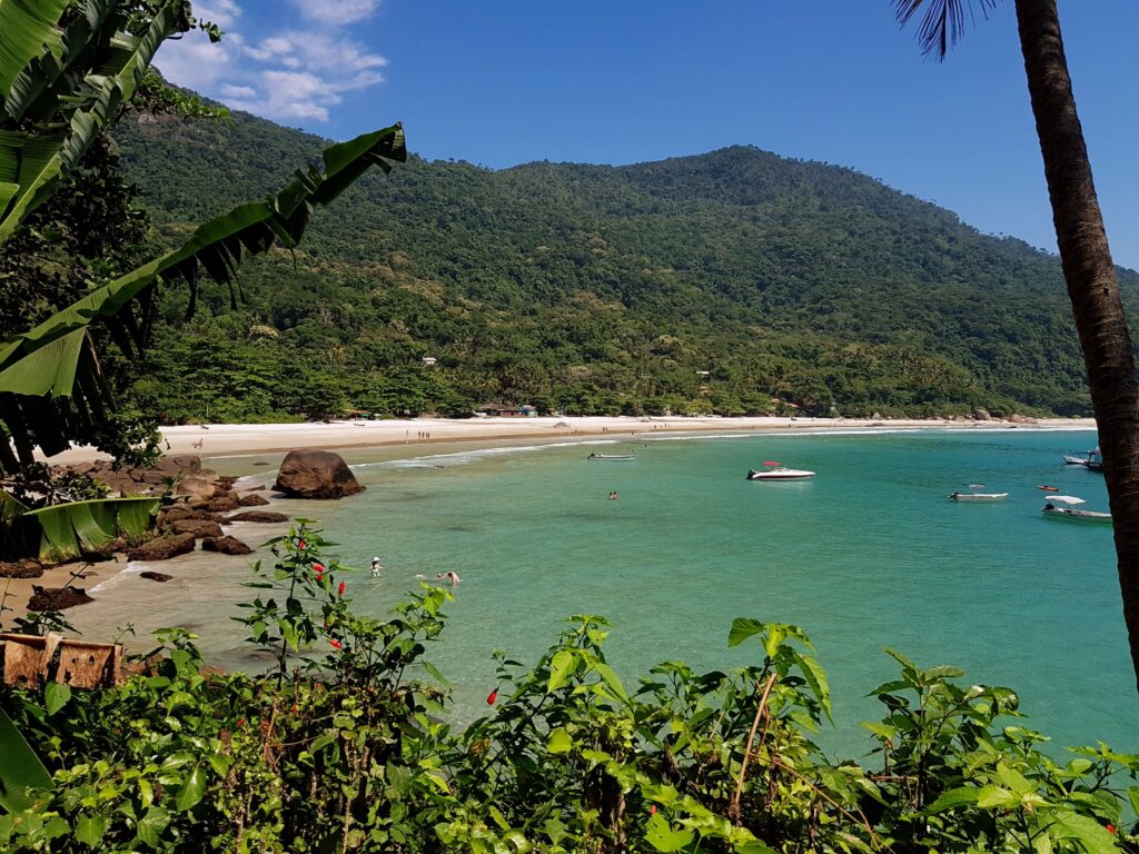 Foto da Praia do Aventureiro na Ilha Grande em Angra dos Reis, é possível ver a vegetação verde em primeiro plano, o mar azul esverdeado junto a praia e atrás montanhas cobertas de verde.