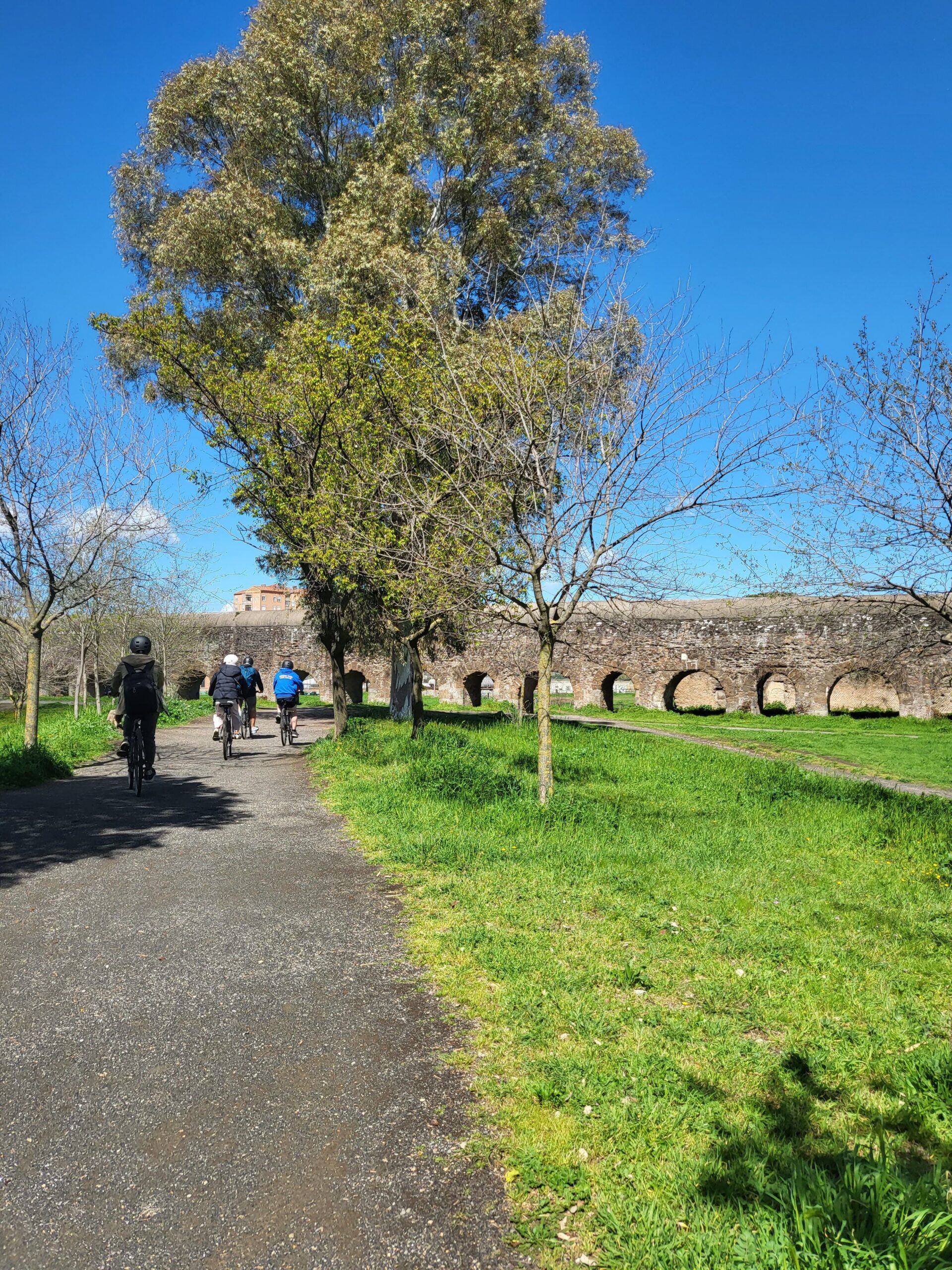Foto de pessoas pedalando em um caminho de asfalto, do lado direito é possível ver árvores e um gramado verde, a frente é um antigo aqueduto.