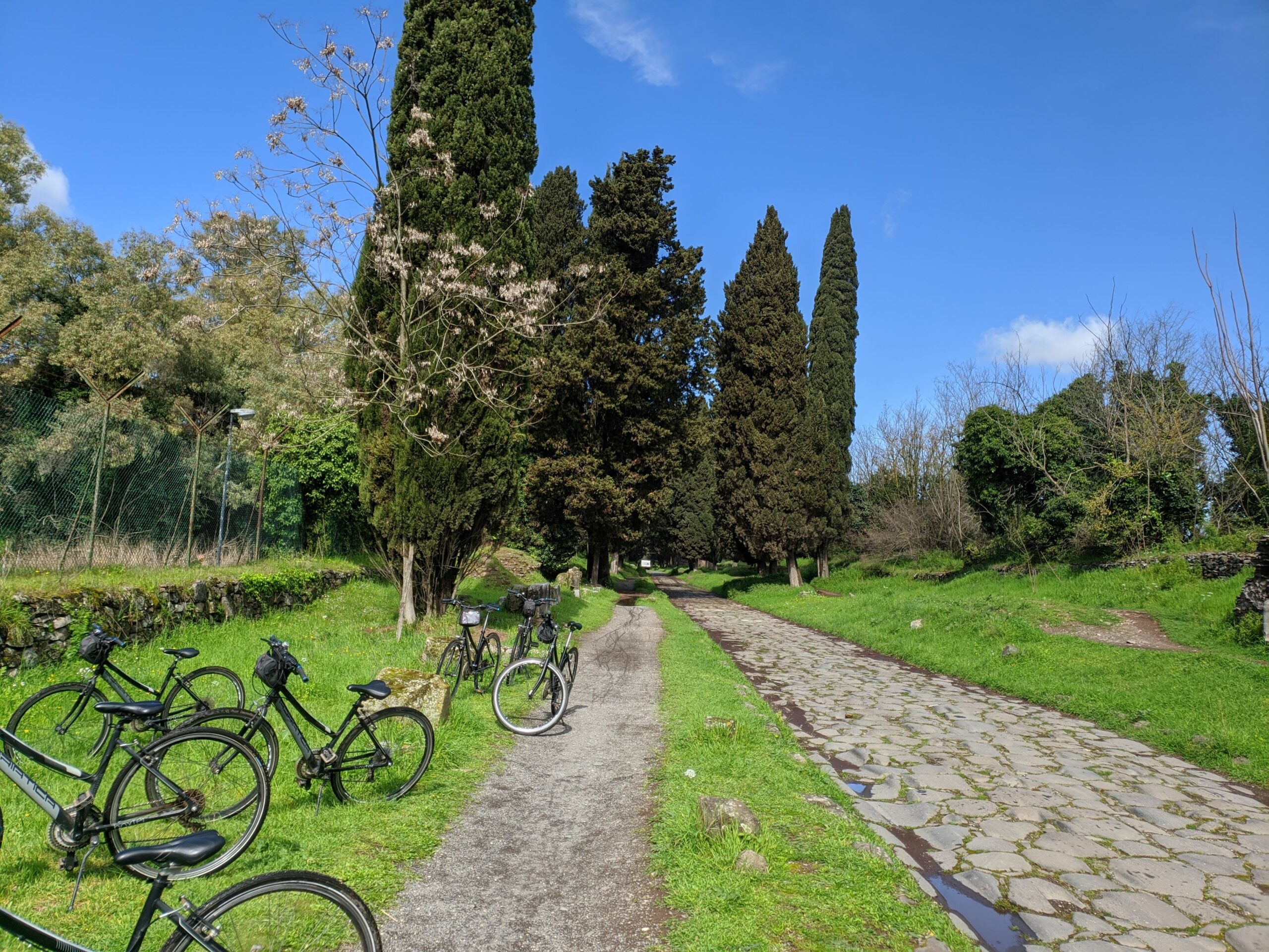 Foto da Via Ápia, com suas pedras, um caminho para bicicletas ao lado, seus ciprestes e diversas bicicletas estacionadas na grama.