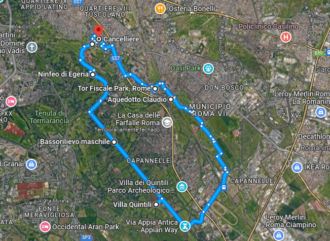 Print do google maps que mostra o trajeto feito durante o passeio de bicicleta pela Via Ápia, que completa uma forma quase quadrada, iniciando e terminando no mesmo local.