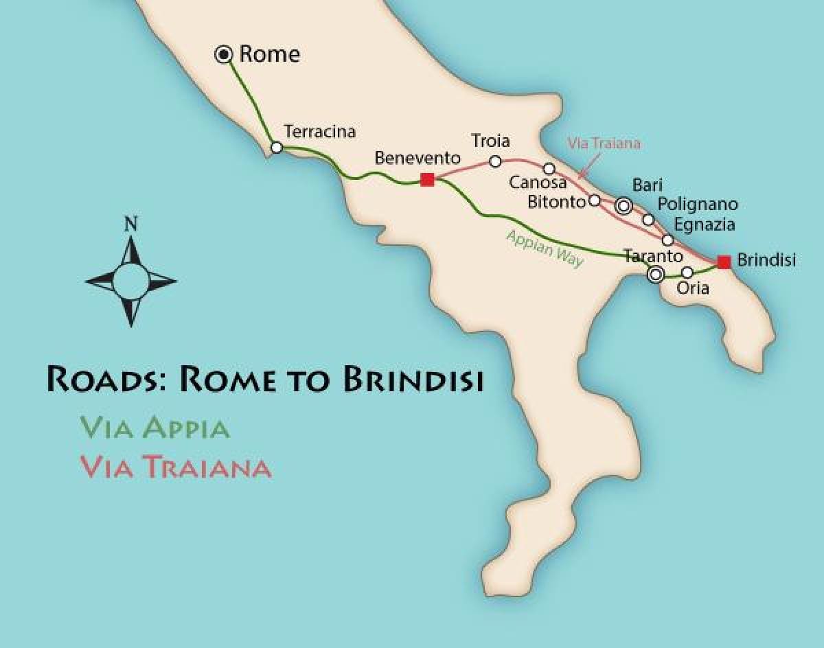 Representação gráfica do mapa da Itália, contendo o traçado da Via Ápia, ligando Roma a Brindisi.