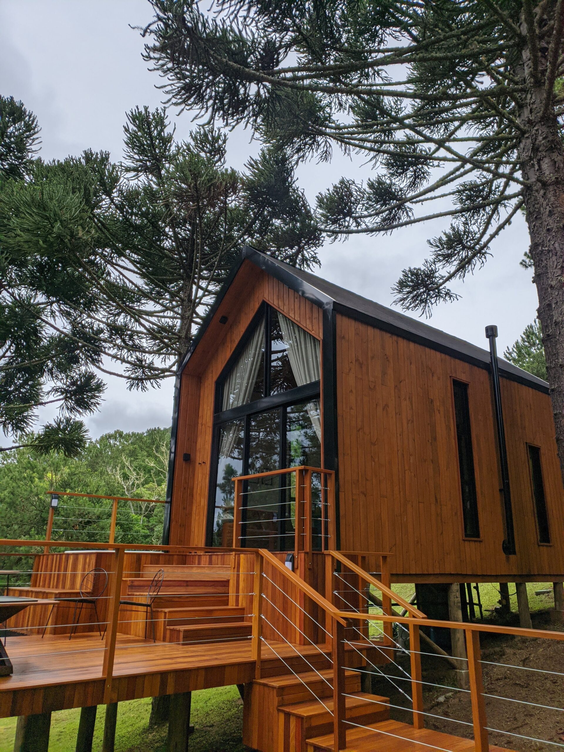 Uma cabana moderna de madeira com um grande deck e escadas externas, situada entre árvores de araucária. O design é contemporâneo, com grandes janelas que permitem uma vista ampla da floresta ao redor.