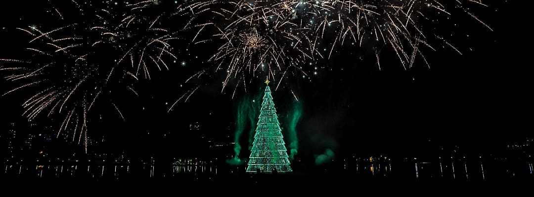 Fogos de artifício deslumbrantes explodem no céu noturno acima de uma árvore de Natal iluminada no Parque Barigui, espelhando-se na superfície do lago abaixo, num espetáculo que celebra o Natal em Curitiba, com a multidão assistindo em admiração.