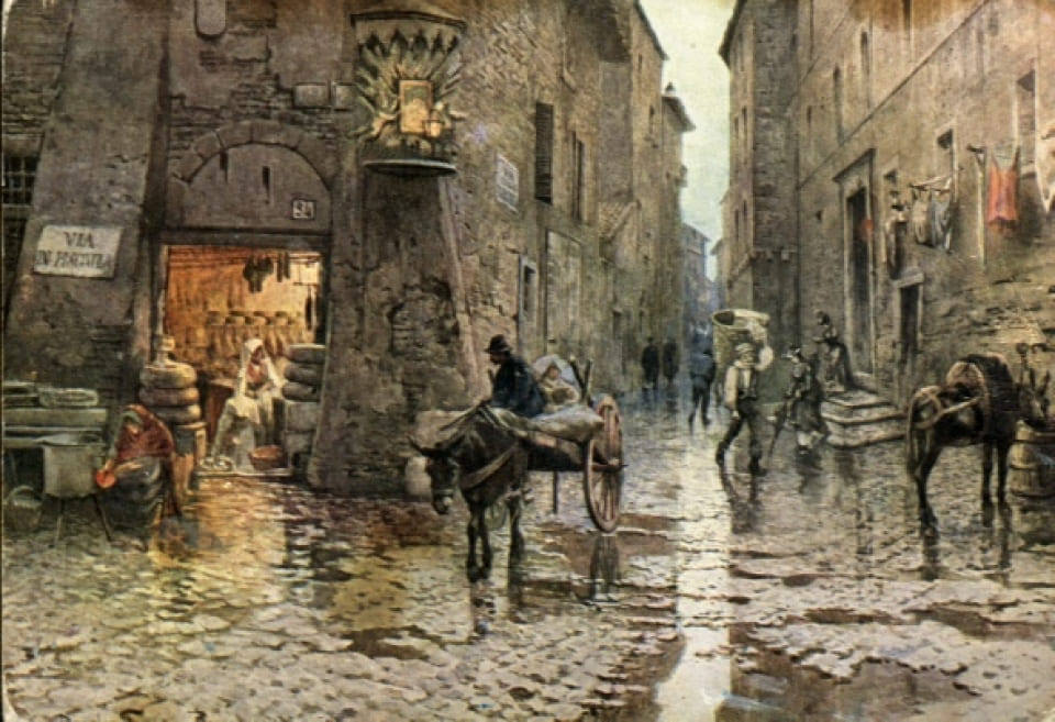 ma pintura colorida retratando uma cena da vida cotidiana em uma rua estreita de Trastevere no século 19, com pessoas envolvidas em atividades diversas, desde passear a cavalo até conversar e trabalhar nas lojas.