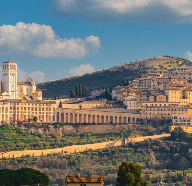 Vista panorâmica de Assis durante o dia, com a imponente Basílica de São Francisco ao centro, cercada por edifícios históricos que se estendem pelas colinas verdes.