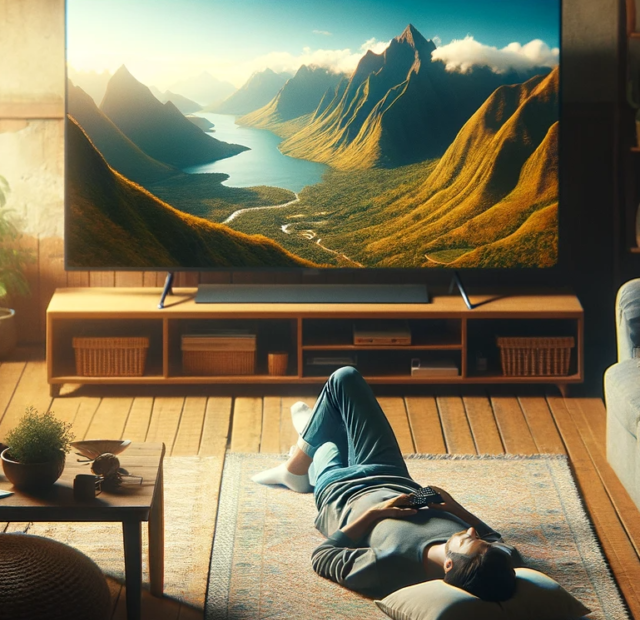 An image showing a person lying on a sofa in a modest living room, watching a travel documentary on a regular-sized TV. The TV screen displays documentário de viagem