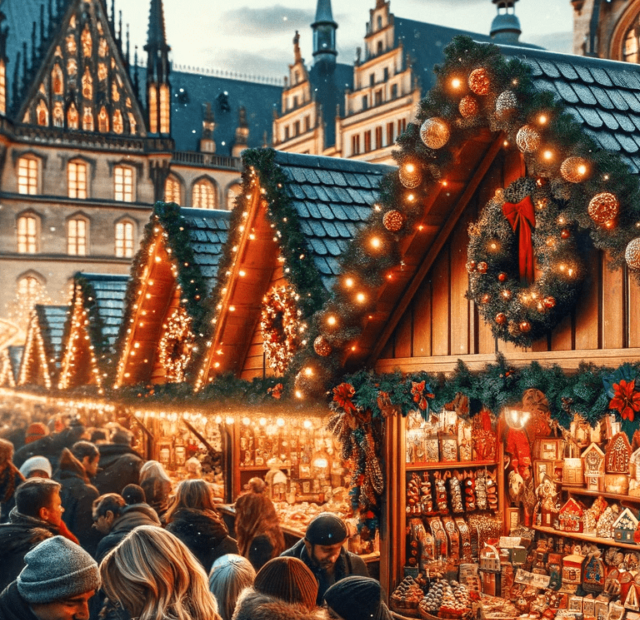 A close up view of a traditional Christmas market in a European city inspired by Northern countries like Germany. The focus is on the vibrant and festive clime.