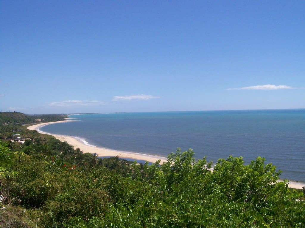 Extensa praia deserta com areia dourada e águas calmas do mar azul, vista de um ponto elevado com vegetação verdejante em primeiro plano, capturando a tranquilidade e beleza natural da Costa do Descobrimento, área protegida e reconhecida como um dos Patrimônios da UNESCO no Brasil.