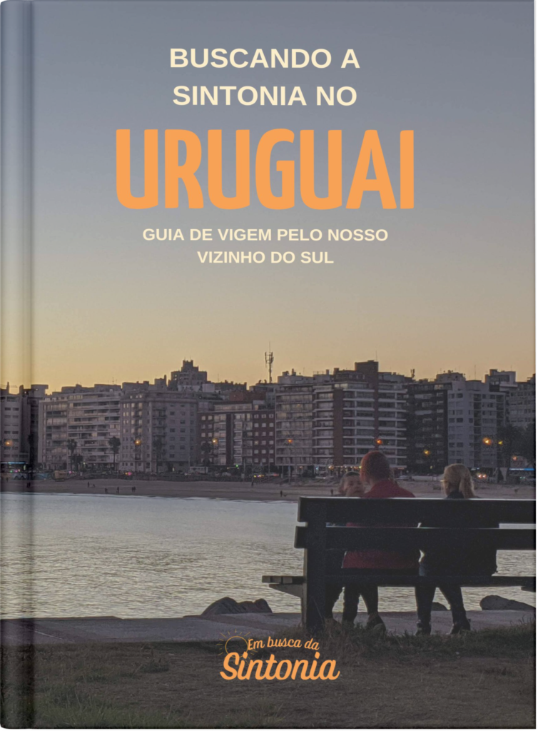 Foto de paisagem do Uruguai representada como se fosse capa de um livro com o escrito "Buscando a Sintonia no Uruguai" e o logo do em busca da sintonia a baixo