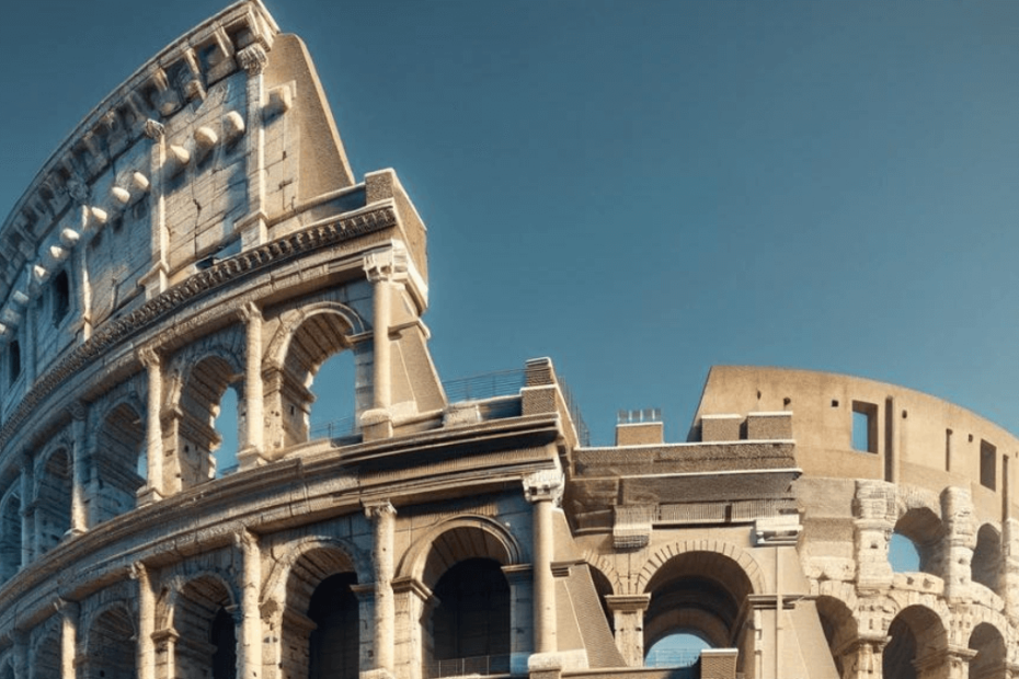 Vista externa do Coliseu em Roma com o céu azul ao fundo, destacando a arquitetura romana histórica e as ruínas parciais.