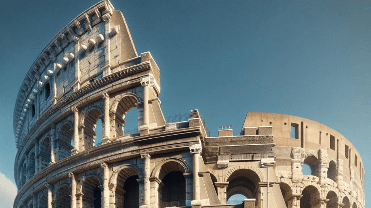 Vista externa do Coliseu em Roma com o céu azul ao fundo, destacando a arquitetura romana histórica e as ruínas parciais.