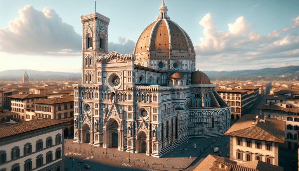 Imagem realista e bonita do Duomo de Florença, capturando a grandiosidade do complexo, com a catedral em detalhes finos sob uma luz suave do entardecer.