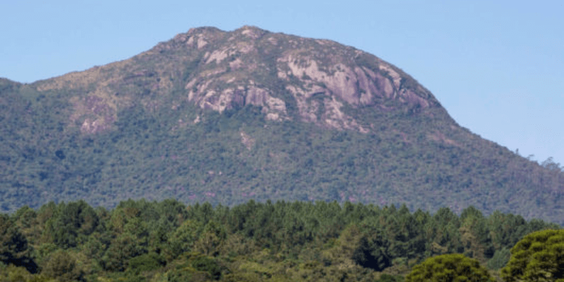 Montanha coberta por vegetação com o pico rochoso do Morro do Anhangava se elevando sob um céu claro, exemplificando a paisagem natural para apreciar o pôr do sol em Curitiba.