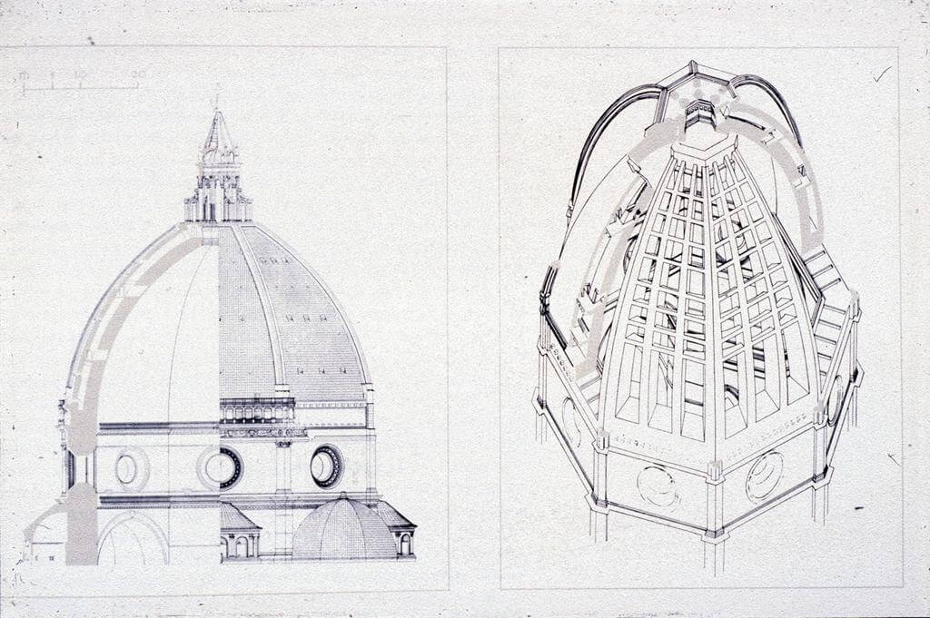 Desenhos técnicos da cúpula do Duomo de Florença, mostrando uma vista lateral e uma visão em corte da estrutura interna, destacando o design inovador de Brunelleschi.