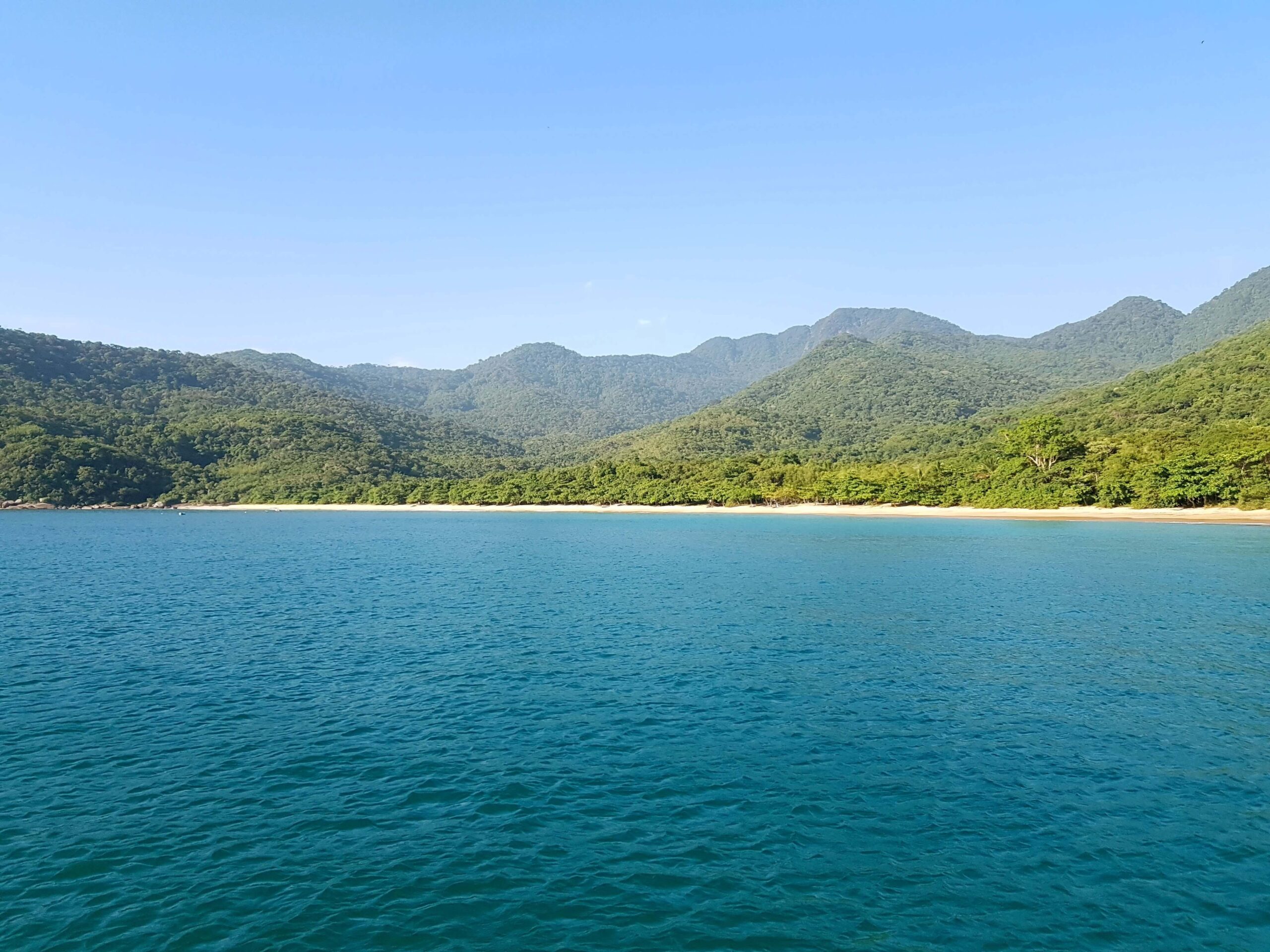 Fotografia com vista para um oceano de água azul clara em primeiro plano, com uma praia de areia branca isolada e uma densa floresta tropical até as montanhas ao fundo, sob um céu azul claro.