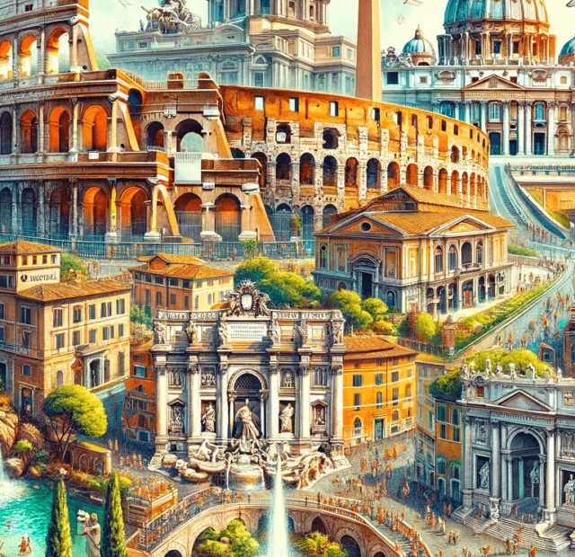 Uma representação artística colorida dos principais pontos turísticos de Roma, incluindo o Coliseu, a Fontana di Trevi, o Vaticano e as ruas de Trastevere.