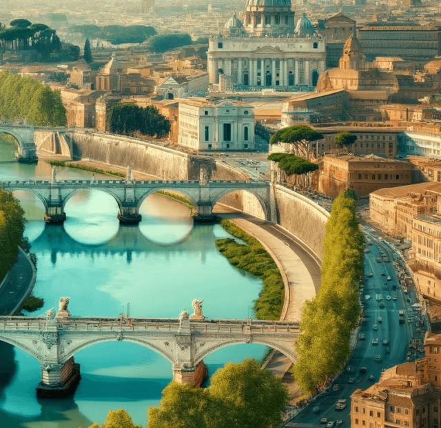 Uma vista elevada das melhores vistas de Roma, mostrando o Rio Tibre serpenteando pela cidade, com a luxuriante vegetação ao redor e várias pontes históricas. O Vaticano e o Castel Sant'Angelo destacam-se ao fundo sob um céu azul claro.