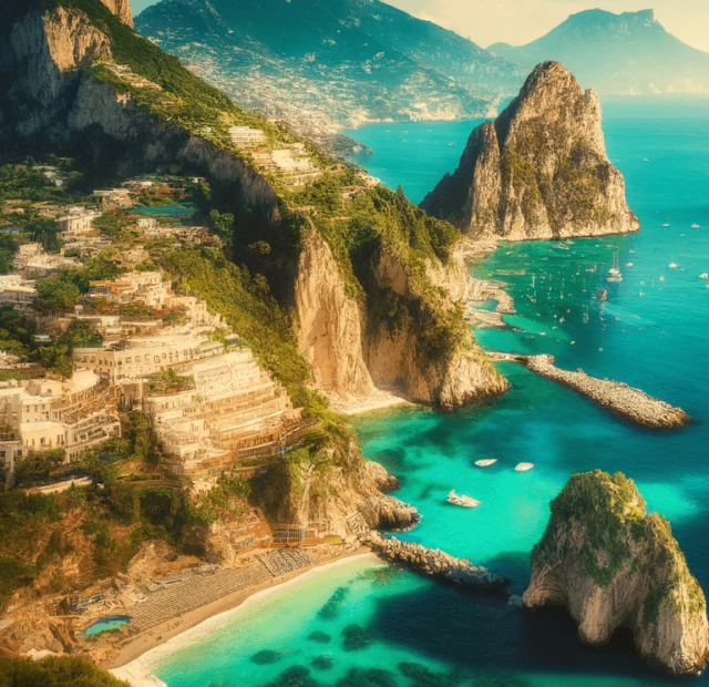 Vista deslumbrante de Capri, Itália, mostrando sua deslumbrante costa com águas turquesa, as icônicas formações rochosas Faraglioni emergindo majestosamente do mar, vegetação verdejante e arquitetura charmosa do Mediterrâneo sob um céu azul claro com o sol brilhando.