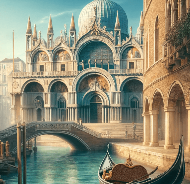 Imagem pitoresca de Veneza mostrando uma gôndola navegando em um canal, com a fachada detalhada da Basílica de São Marcos ao fundo e uma ponte de pedra sobre a água, cercada por caminhos de paralelepípedos e prédios antigos.