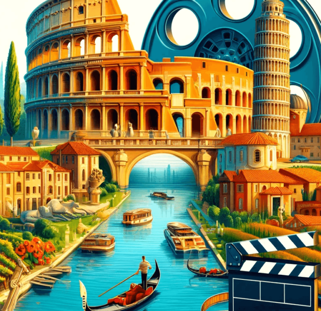 A ilustração vibrante combina marcos icônicos italianos com elementos do cinema clássico, incluindo o Coliseu, um canal veneziano com gôndolas, vinhas da Toscana, e uma bobina de filme, sugerindo uma jornada pela Itália através dos filmes.