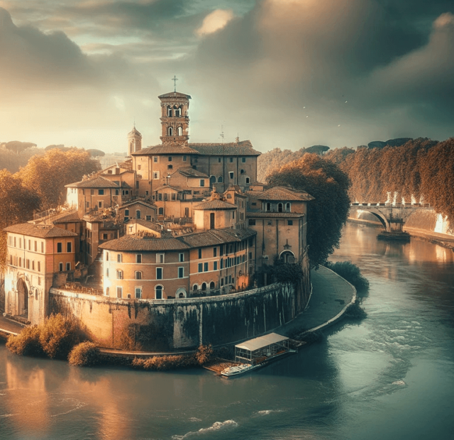 Isola Tiberina em Roma ao amanhecer, com a luz suave do sol nascente iluminando os edifícios históricos da ilha e o Rio Tibre fluindo calmamente ao redor, destacando a tranquilidade do local sem turistas.