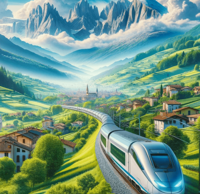 Um trem moderno viajando através da paisagem italiana diversificada, com colinas verdes exuberantes, vilarejos pitorescos e montanhas distantes sob um céu azul brilhante, refletindo a eficiência e o conforto do transporte ferroviário italiano.