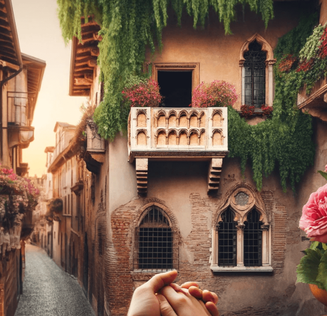 A imagem mostra uma cena romântica e pitoresca em Verona, Itália, com o famoso balcão da Casa de Julieta decorado com flores e hera. Em primeiro plano, um casal de mãos dadas simboliza Romeu e Julieta. O ambiente captura a arquitetura medieval da cidade, com ruas de paralelepípedos e edifícios antigos sob a luz suave do pôr do sol, transmitindo uma atmosfera romântica e atemporal.