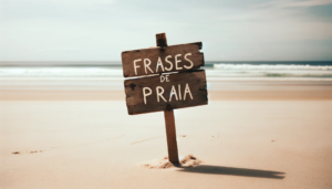 A imagem mostra uma placa de madeira rústica cravada na areia de uma praia. Na placa, está escrito "Frases de Praia" em uma caligrafia casual e despojada, com o mar ao fundo e uma visão clara da orla tranquila.