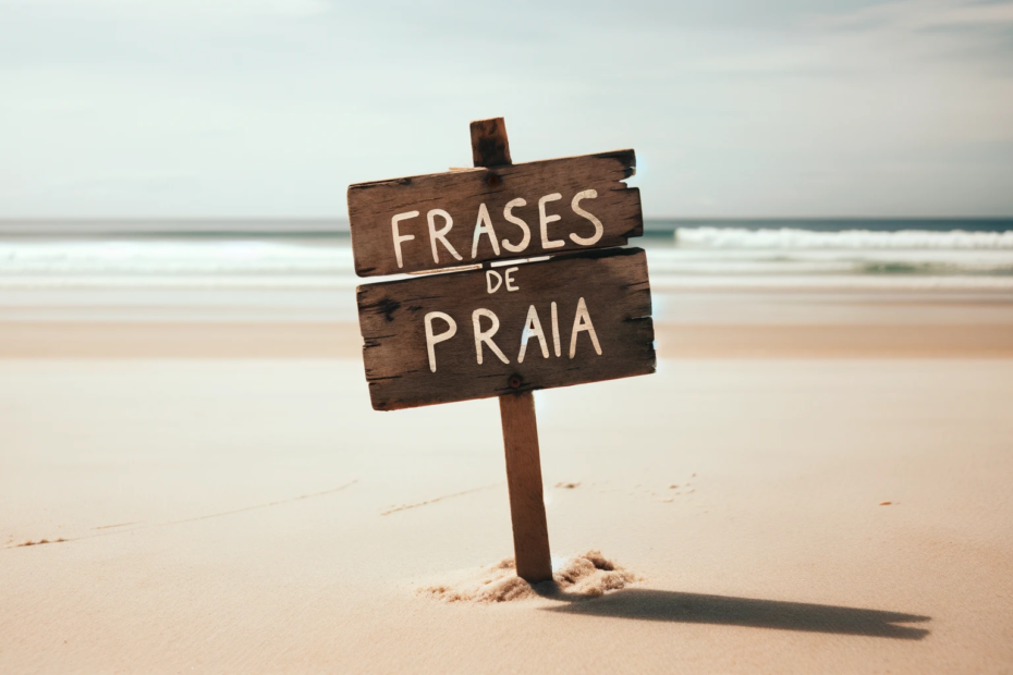 A imagem mostra uma placa de madeira rústica cravada na areia de uma praia. Na placa, está escrito "Frases de Praia" em uma caligrafia casual e despojada, com o mar ao fundo e uma visão clara da orla tranquila.